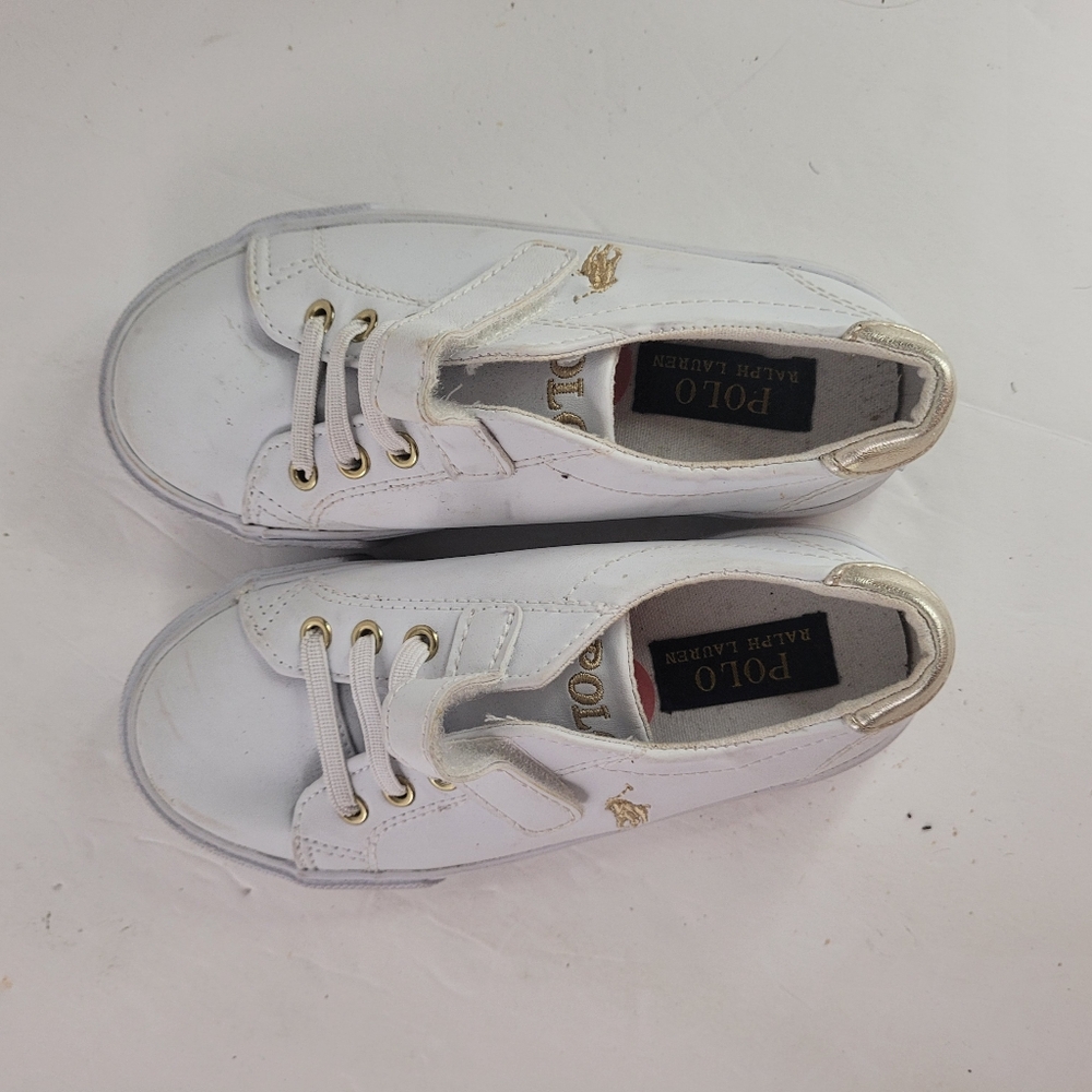 Polo by Ralph Lauren White Leather Kids Sneakers with Gold Accents - Picture 6 of 7